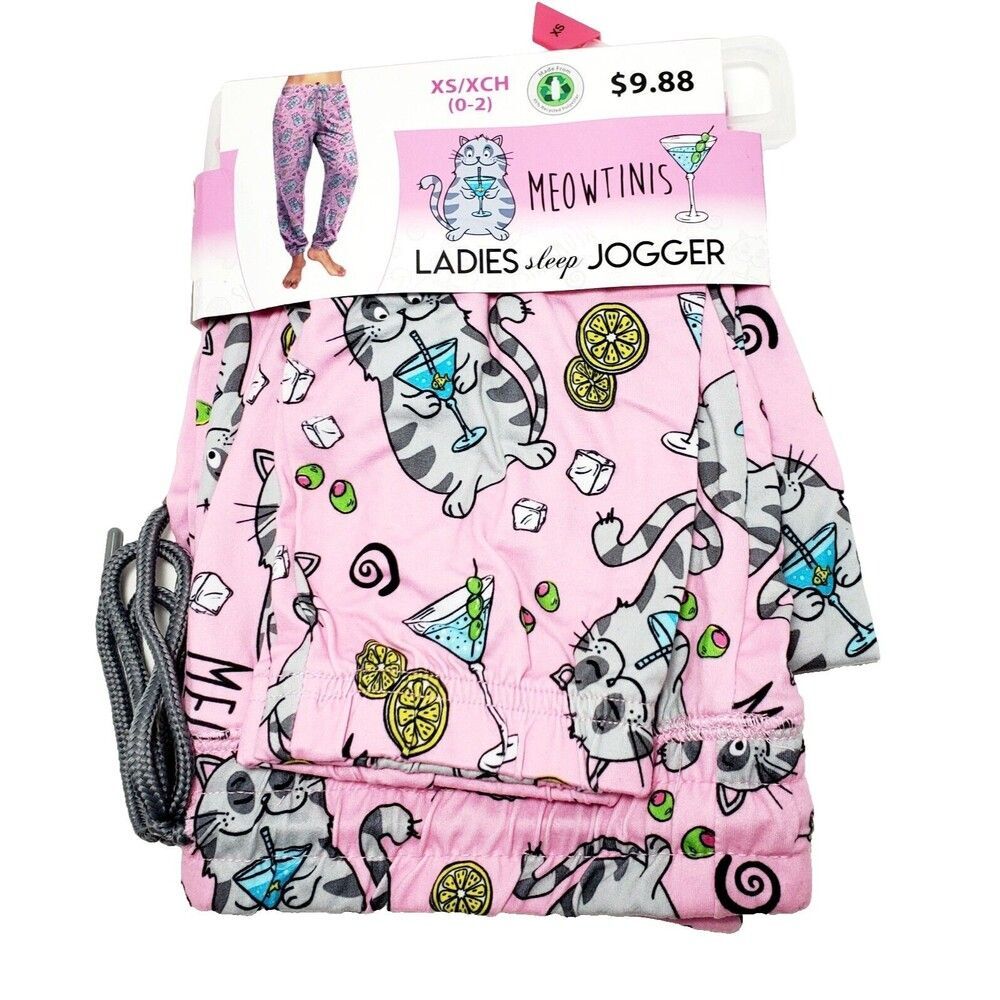 Ladies Sleep Jogger Size XS 0/2 Graphic Meowtinis Pink Briefly Stated NWT